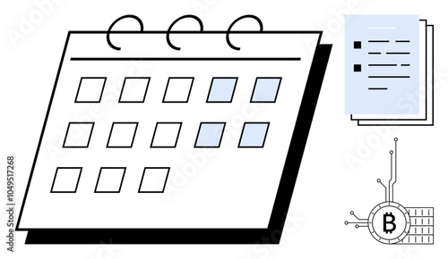 Simple design of a calendar with highlighted dates alongside documents and a Bitcoin symbol. Ideal for business planning, scheduling, organization, cryptocurrency management, and digital finance