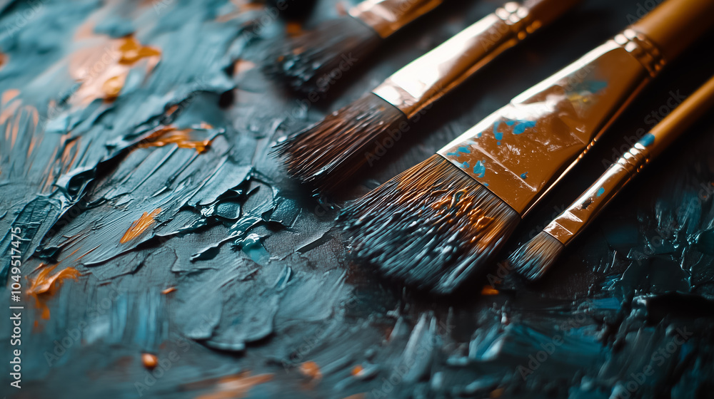Fototapeta premium A collection of artist's brushes rests on vibrant paint, showcasing the tools used for creative expression and texture