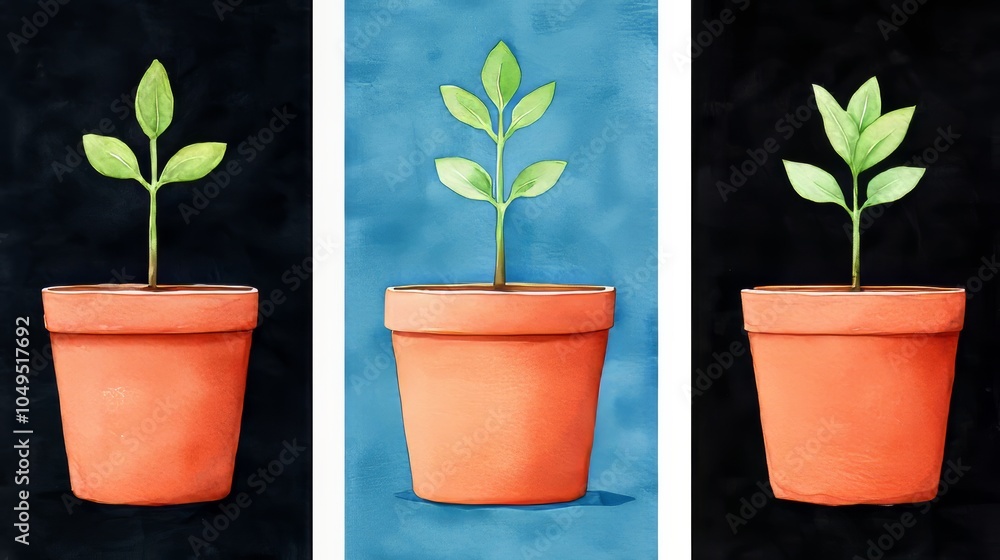 Three Potted Plants on Black Blue and White Backgrounds Three Potted Plants on Black Blue and White Backgrounds