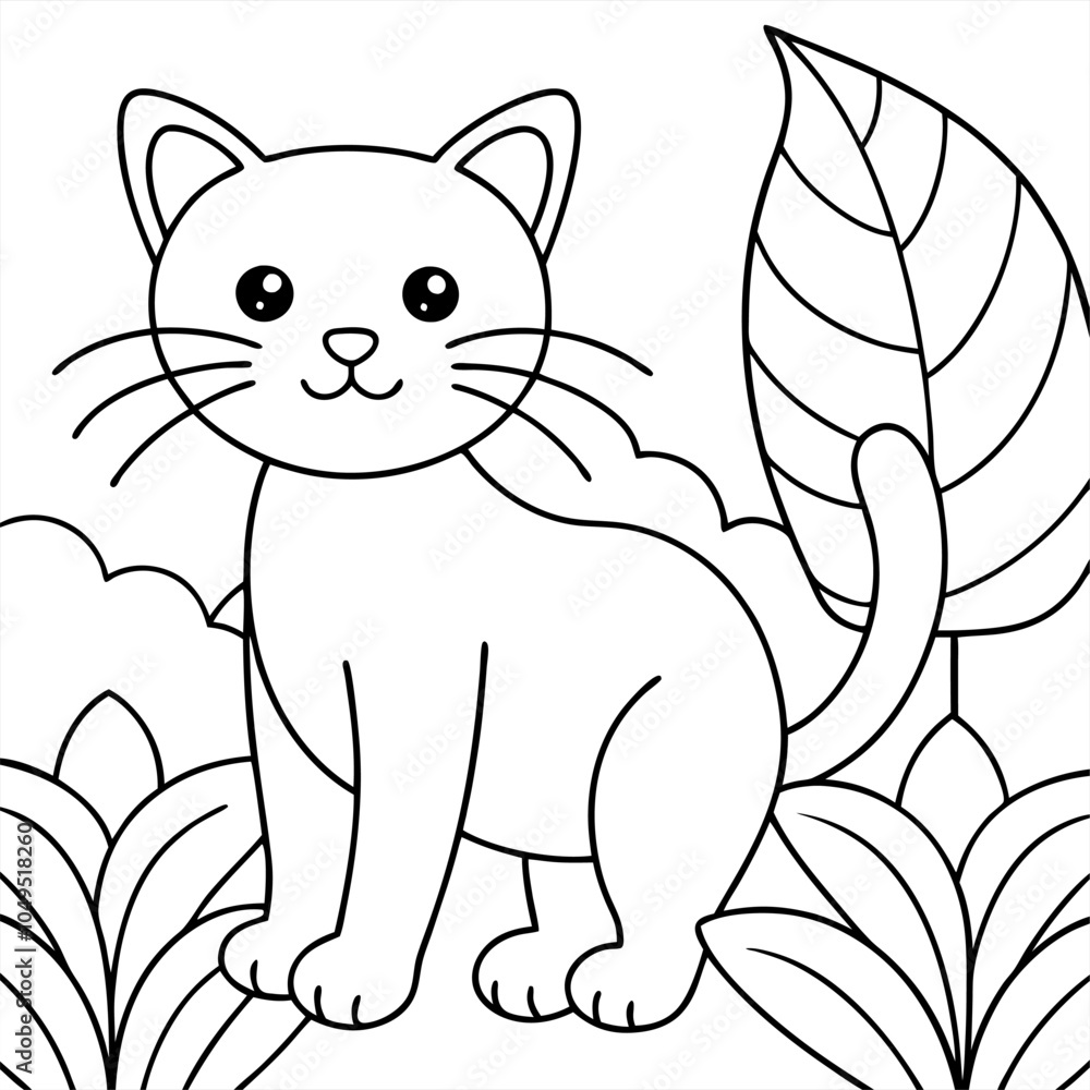 Obraz premium Cute cat in jungle illustration coloring page vector art coloring book design 