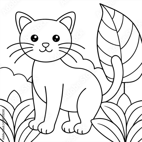 Cute cat in jungle illustration coloring page vector art coloring book design 