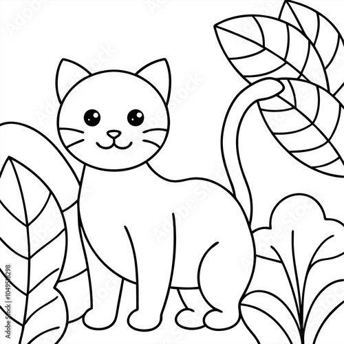 Cute cat in jungle illustration coloring page vector art coloring book design 