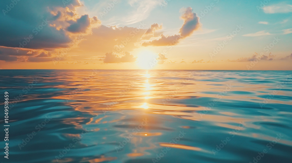 Naklejka premium A Serene Ocean Sunset with Vibrant Colors Reflecting on the Calm Water, Creating a Tranquil and Breathtaking Coastal Scene.