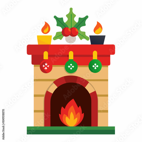 Christmas fireplace mantle vector illustration on white background