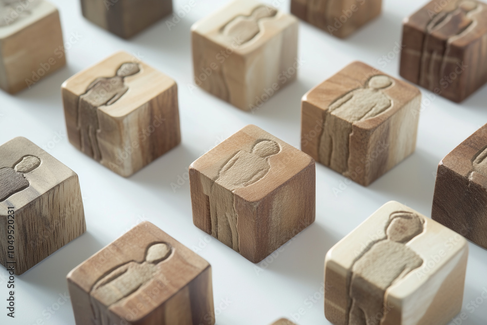 Fototapeta premium Wooden blocks with icons of a person arranged on a light surface