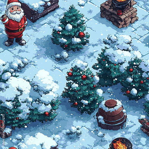 Festive Christmas scene with Santa Claus in a snowy village surrounded by decorated trees, glowing lights, and winter magic photo