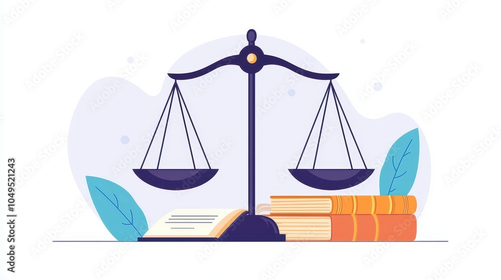 Symbol of justice featuring scales balanced atop legal books, white isolated background. Symbol of justice featuring scales balanced atop legal books, white isolated background.