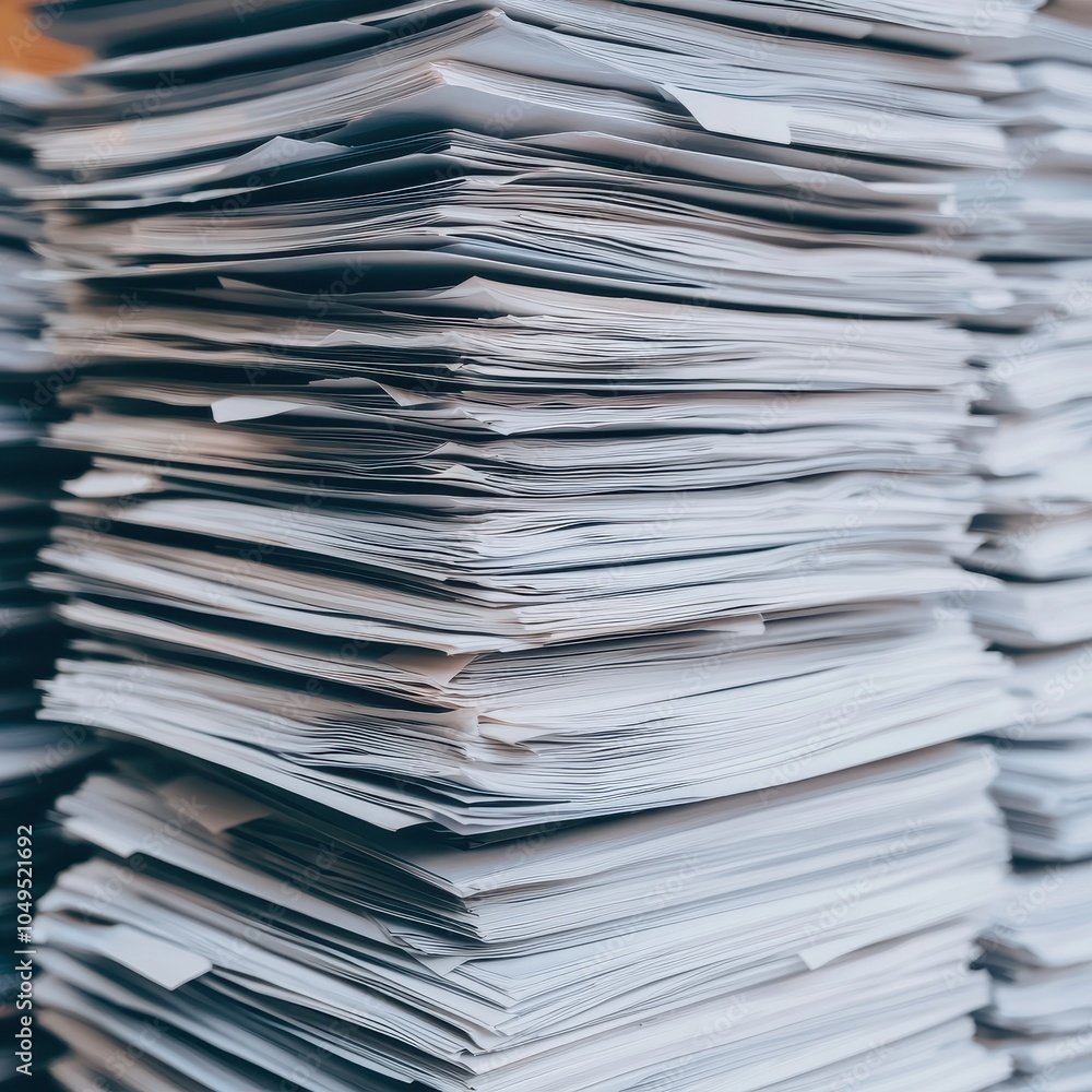 A large stack of documents organized neatly, showcasing office efficiency and paperwork management. A large stack of documents organized neatly, showcasing office efficiency and paperwork management.