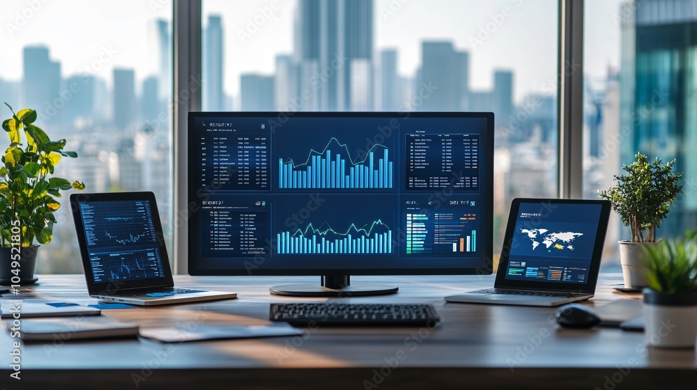 Modern Office Workspace with Financial Data Displayed on Multiple Monitors Modern Office Workspace with Financial Data Displayed on Multiple Monitors