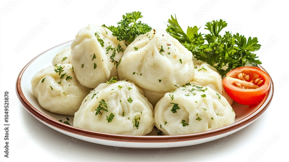 Traditional Ukrainian dumplings stuffed with creamy mashed potatoes, isolated on a white background Traditional Ukrainian dumplings stuffed with creamy mashed potatoes, isolated on a white background