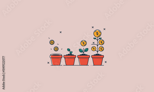 Illustration of growing plants with coins representing growth.
