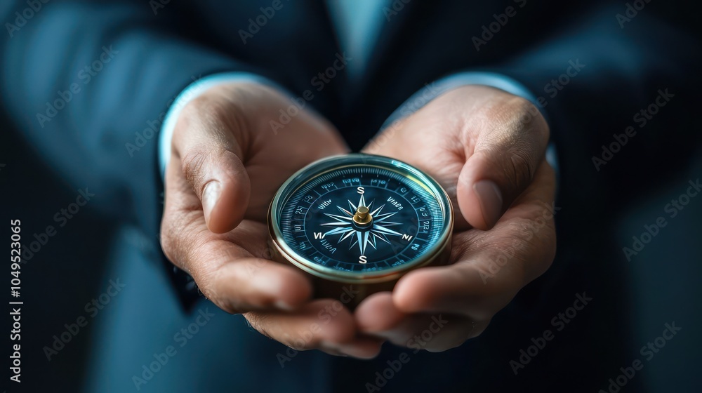 Businessman's strategic use of a digital compass highlighted in close-up, focusing on decision-making. Businessman's strategic use of a digital compass highlighted in close-up, focusing on decision-making.