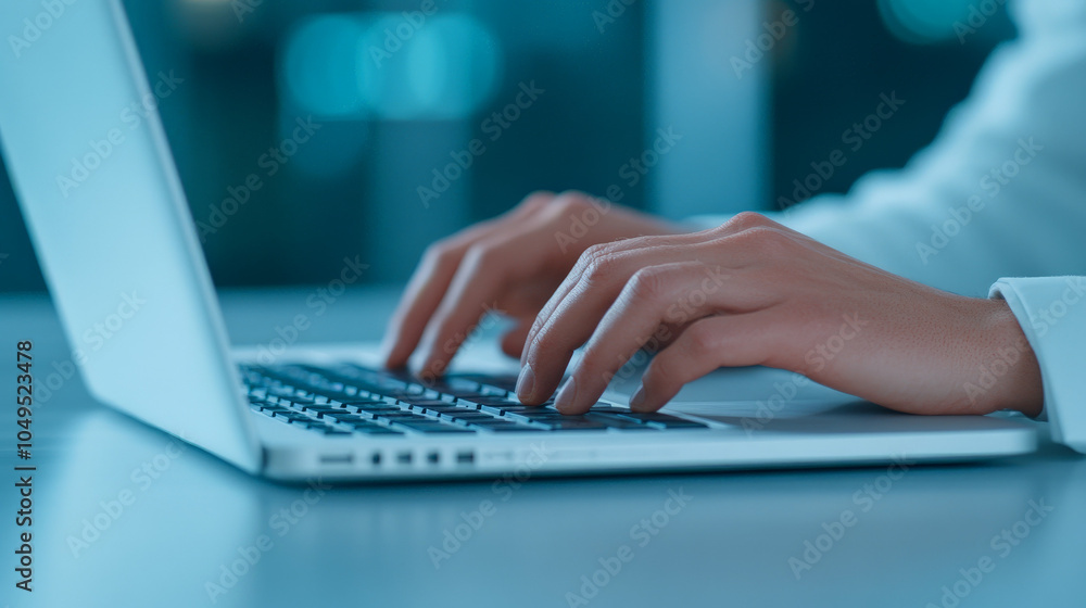Close Up: A Pair of Hands Typing on a Laptop Keyboard, Focused on the Task at Hand. The Blue Light of the Screen Reflects in the Background, Creating a Sense of Productivity and Concentration. Close Up: A Pair of Hands Typing on a Laptop Keyboard, Focused on the Task at Hand. The Blue Light of the Screen Reflects in the Background, Creating a Sense of Productivity and Concentration.