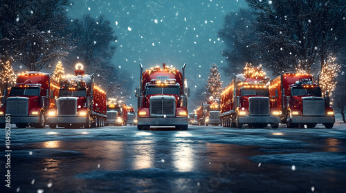 Wallpaper Mural Infinite rows of Christmas decorated trucks carrying gifts on the highway in a winter forest covered with snow in snowfall. Torontodigital.ca