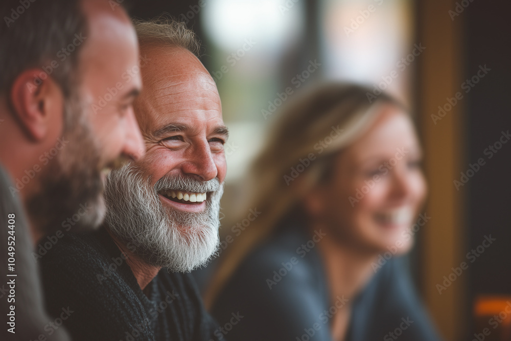 Fototapeta premium Group of colleagues engaging in a discussion during a business meeting in a conference room. Happy business people, men and women