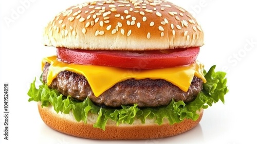 Fresh Cheeseburger with Toppings on White Background