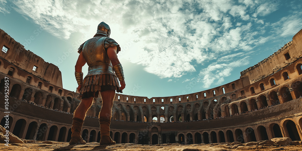 Obraz premium Proud gladiator standing in the colosseum arena under cloudy sky