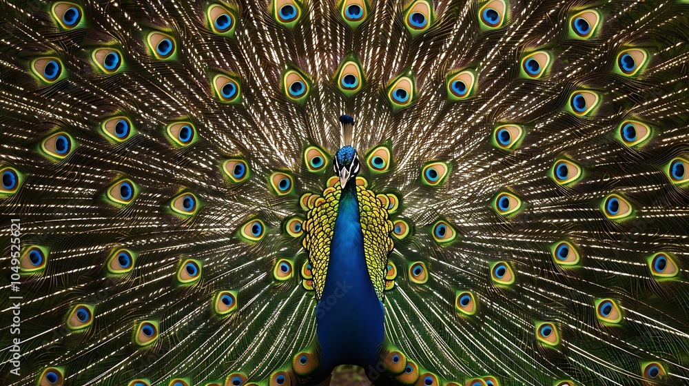 Obraz premium A majestic peacock proudly displays its iridescent tail feathers in a stunning fan pattern with each eye catching feather visible showcasing the bird's natural beauty and vibrant colors