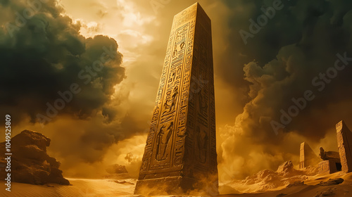 Majestic ancient egyptian obelisk engraved with mythical manticore imagery in moody desert illumination. manticore. illustration. Egyptian Obelisk. Illustration photo