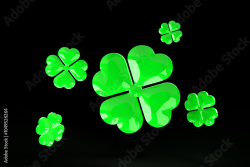 Glowing four-leaf clovers growing in dark background symbolizing luck and fortune photo