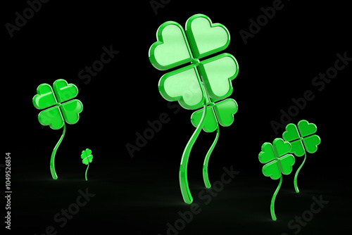 Glowing four-leaf clovers growing in dark background symbolizing luck and fortune photo