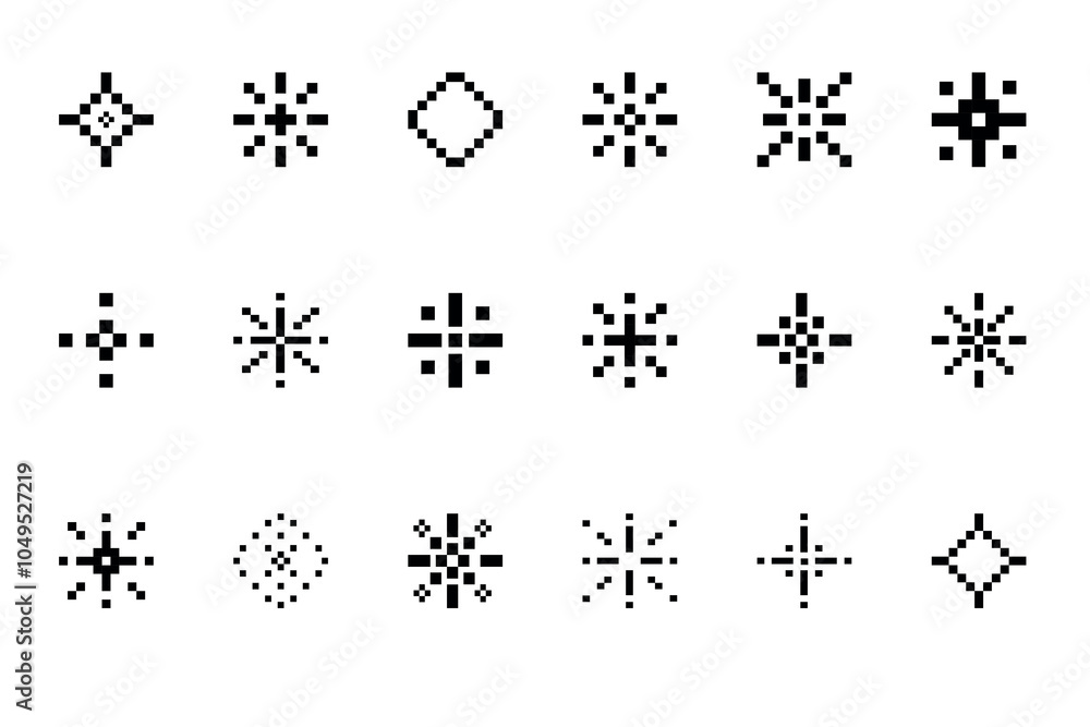 Pixel star and fireworks set. Firework burst, space decoration, sparkling stars pixel art. Pixel star and fireworks set. Firework burst, space decoration, sparkling stars pixel art.