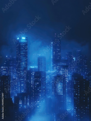 Urban Night Skyline with Blue Lights and Smog