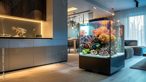 A striking display of aquatic life in a fully enclosed modern cube aquarium with a geometric pattern and minimalist design. photo