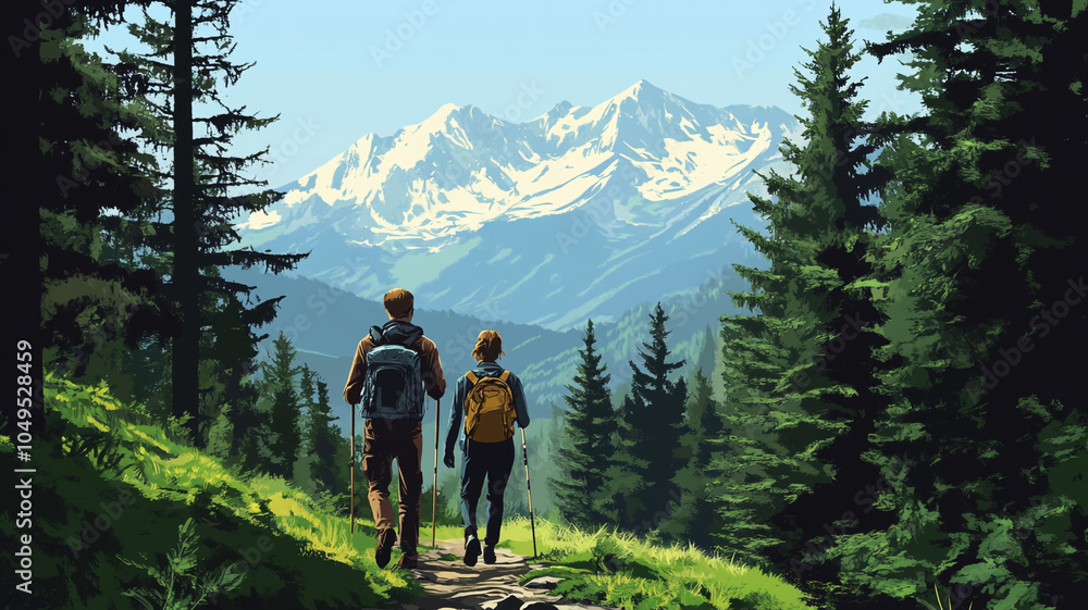 Enjoying a scenic hike through lush forests on National Hiking Day in the mountains Enjoying a scenic hike through lush forests on National Hiking Day in the mountains