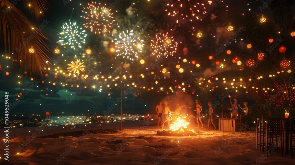 Obraz premium Brightly colored fireworks burst in the night sky while partygoers dance around a glowing bonfire on the beach. Generative AI