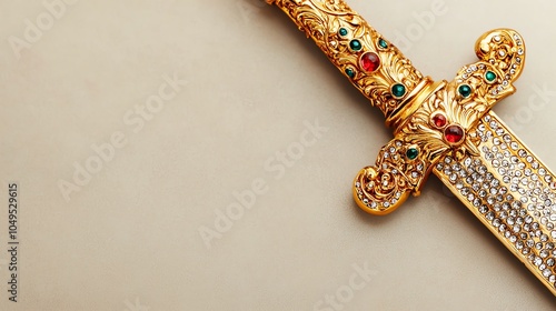 A closeup of a gold sword hilt encrusted with jewels, gold sword, weapon of power photo