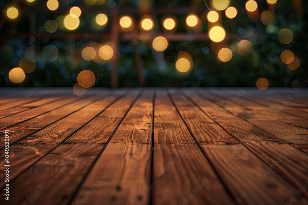 Empty brown wooden floor with night festival bokeh lights in garden Empty brown wooden floor with night festival bokeh lights in garden