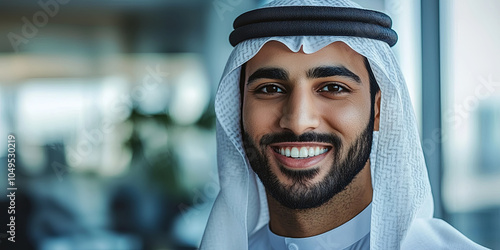 Portrait of a smiling Emirati man wearing a white thobe and black kandura, generative AI