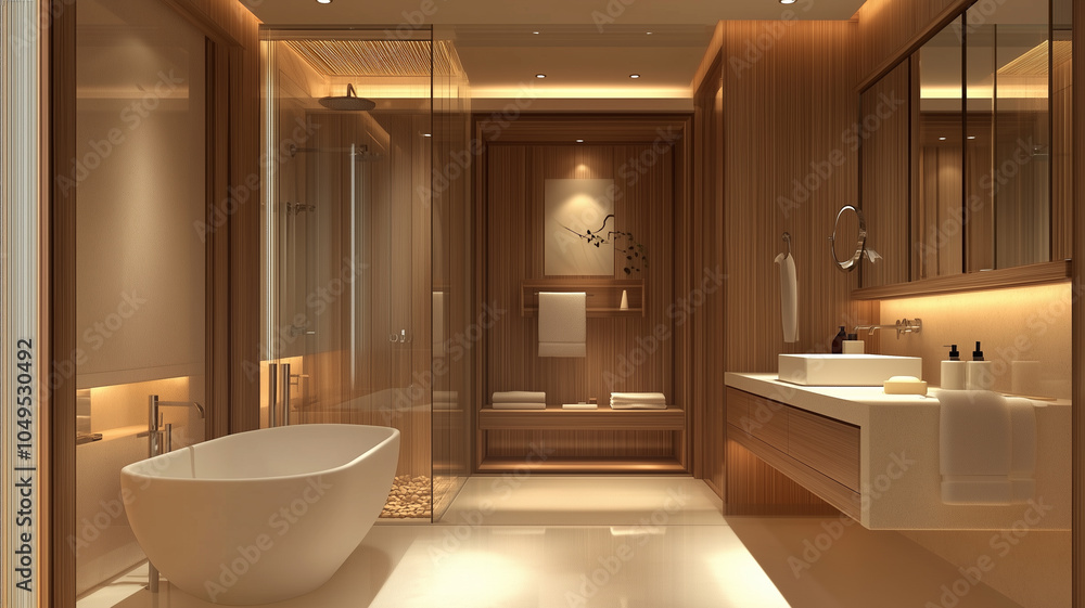 Modern bathroom design with wooden accents in a minimalist style and light background Modern bathroom design with wooden accents in a minimalist style and light background