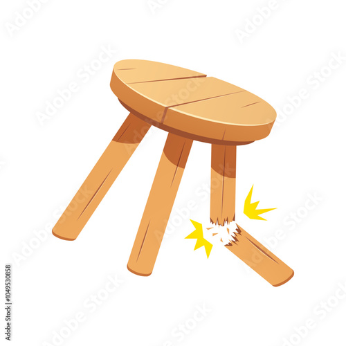 Broken three legged wooden stool vector isolated on white background.