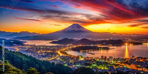 Aerial Double Exposure of Numazu City, Mount Fuji, and Suruga Bay at Sunset - Dusk to Night Transition photo