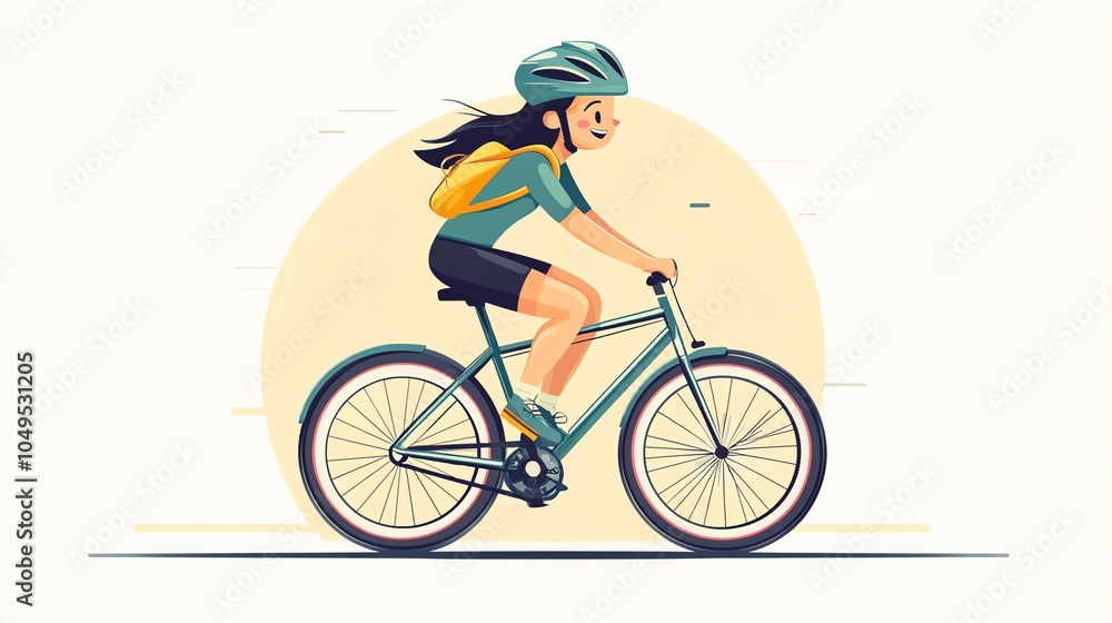 Fototapeta premium Illustration of a girl riding a bicycle, wearing a helmet and backpack, with a sunny backdrop.