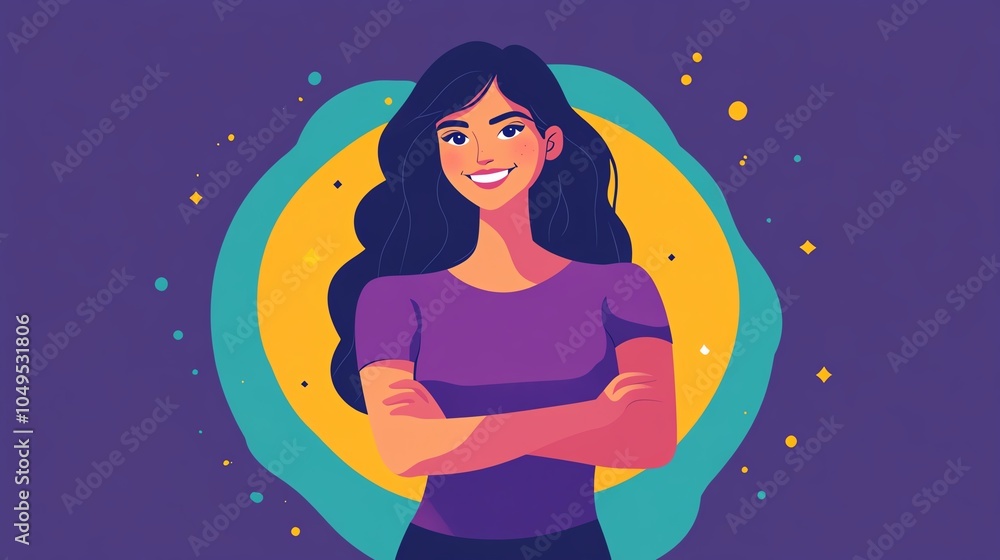 Portrait of a confident woman smiling against a colorful abstract background. Portrait of a confident woman smiling against a colorful abstract background.