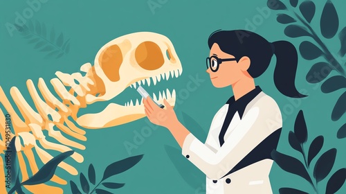 Scientist examining a dinosaur skeleton with greenery in the background. photo