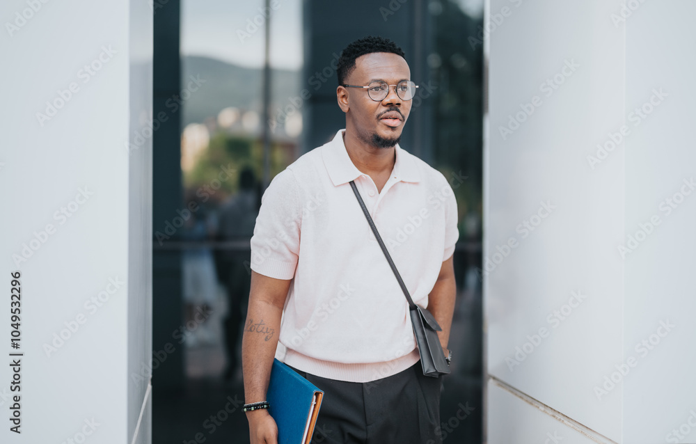 Fototapeta premium A confident businessman is walking outdoors, holding documents and appearing focused. Perfect for themes of professionalism, success, and business environments.