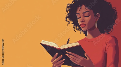 Woman reading a book with a thoughtful expression against a vibrant orange background.