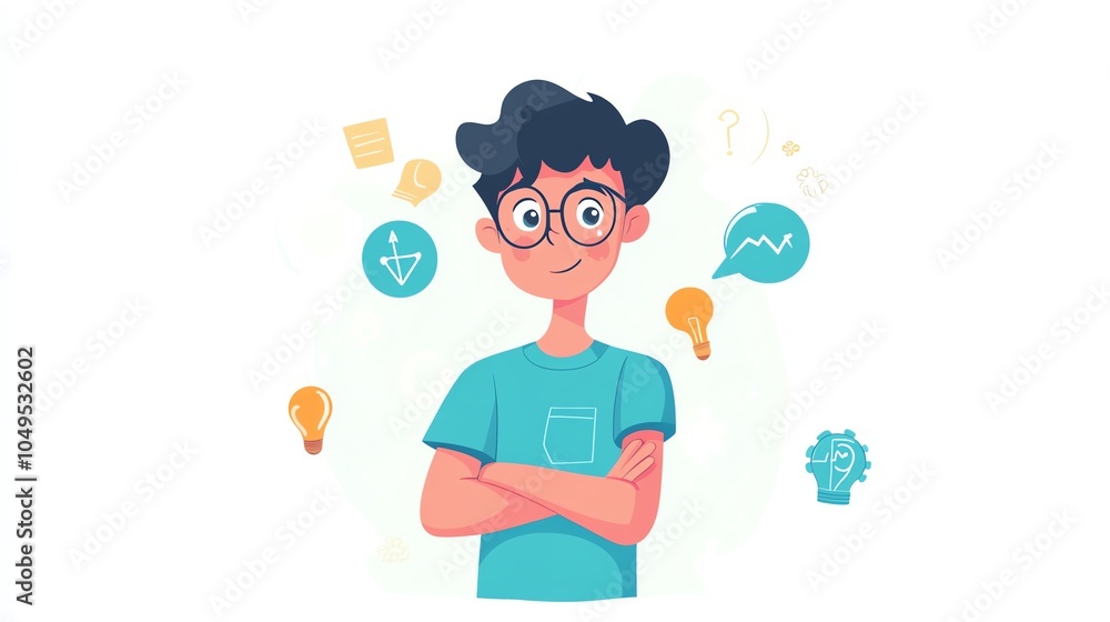 Young boy with glasses, smiling and surrounded by creative icons, white isolated background.