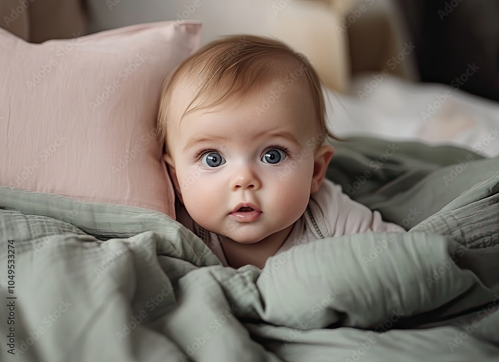 an adorable, cute baby with blue eyes under a green blanket an adorable, cute baby with blue eyes under a green blanket