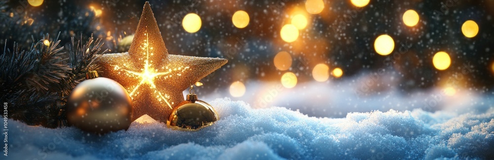 Naklejka premium Festive Christmas background with golden star and baubles nestled in snowdrifts, illuminated by golden lights. Holiday sparkle. Banner.