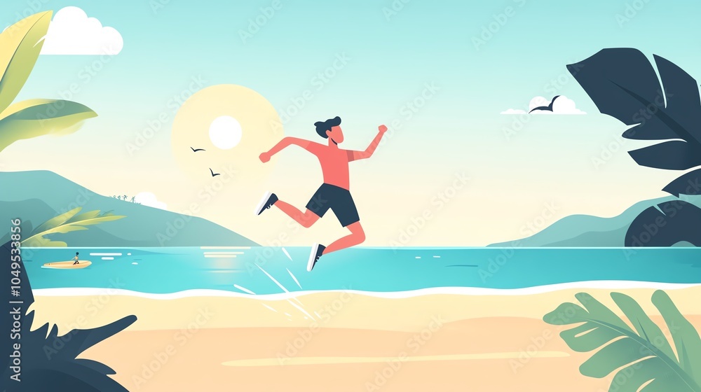 A person joyfully running along a beach under a sunny sky surrounded by tropical plants and a serene ocean. A person joyfully running along a beach under a sunny sky surrounded by tropical plants and a serene ocean.