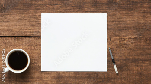 Coffee Break Inspiration: A blank canvas of opportunity awaits on a rustic wooden table, accompanied by a steaming cup of coffee and a sleek pen. The perfect backdrop for your next creative project.  photo