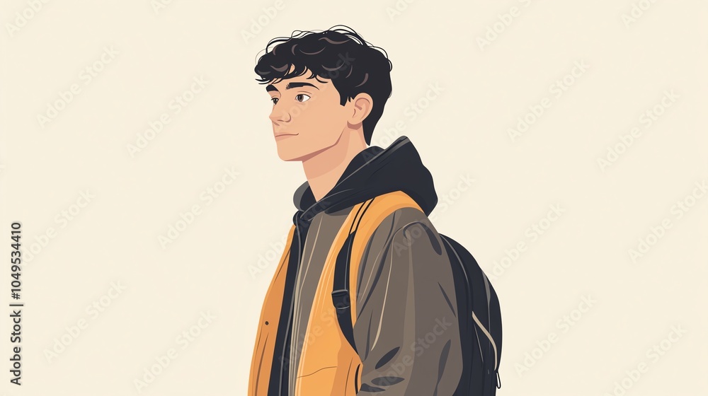 A thoughtful young man with curly hair, wearing a backpack and casual attire, posed against a neutral background. A thoughtful young man with curly hair, wearing a backpack and casual attire, posed against a neutral background.