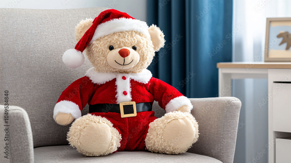 Festive teddy bear dressed as Santa sitting in cozy nursery chair Festive teddy bear dressed as Santa sitting in cozy nursery chair