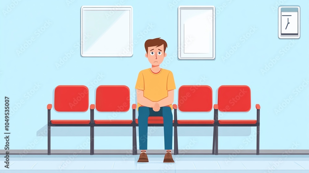 Fototapeta premium A young man sitting alone on a red bench in a waiting area, looking pensive against a light blue background.