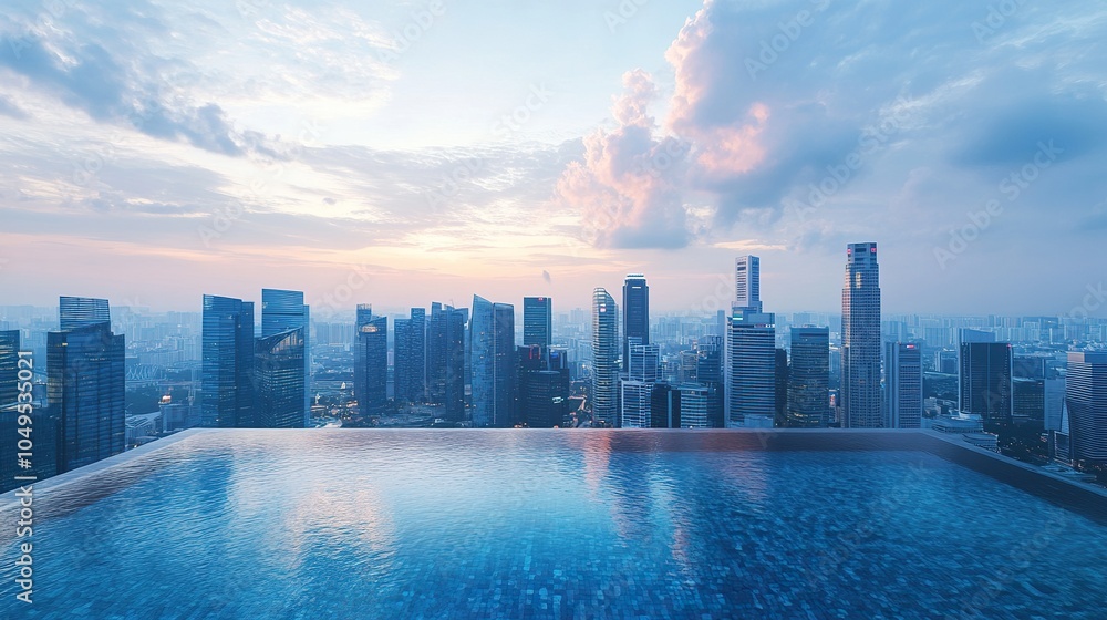 Panoramic aerial view of skyscrapers. Infinity pool and morning urban cityscape. Panoramic aerial view of skyscrapers. Infinity pool and morning urban cityscape.